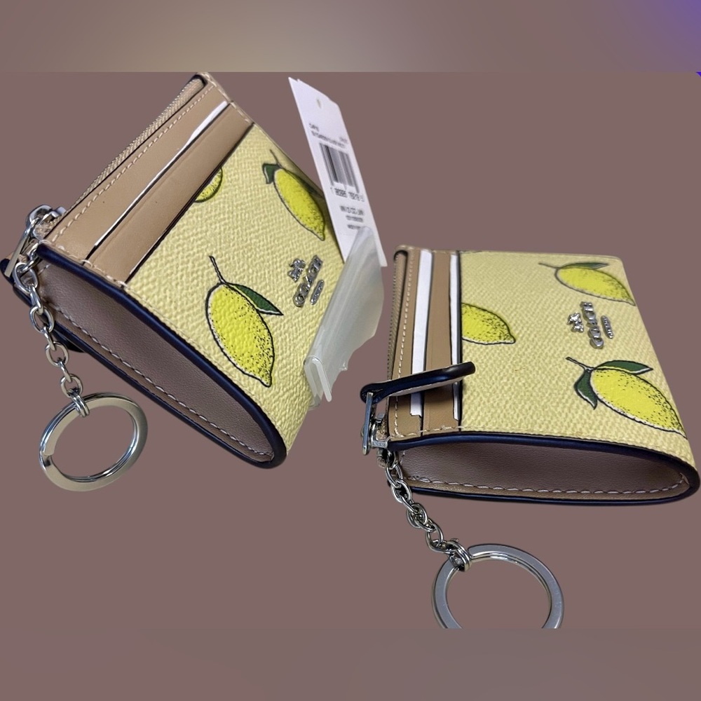Coach NWT Card Holder/Keychain Zip Top, Coated Canvas/Leather Trim Lemon Print - Picture 11 of 11